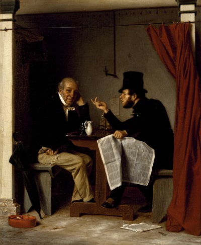 Richard Caton Woodville's 1848 painting Politics in an Oyster House, depicting two men in a curtained booth arguing over politics.